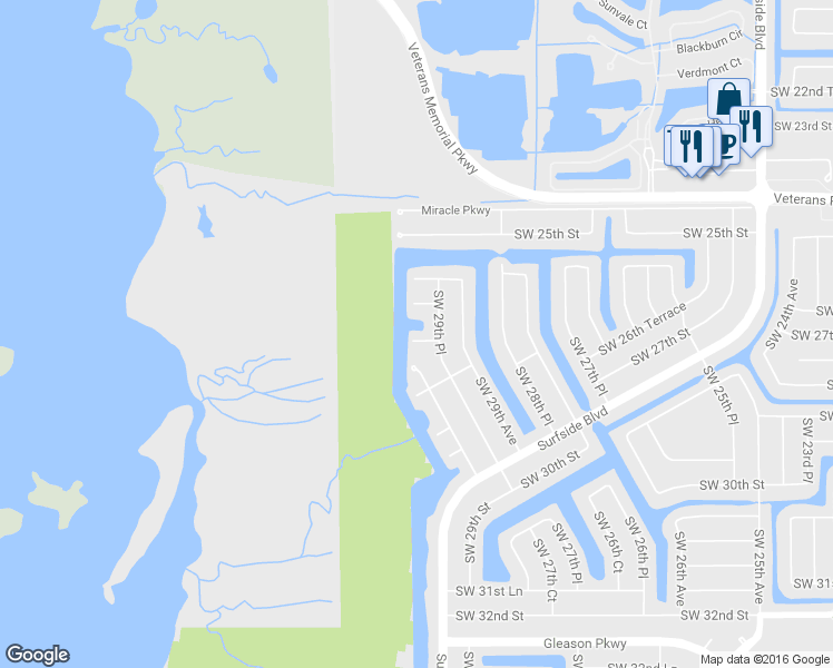 map of restaurants, bars, coffee shops, grocery stores, and more near 2927 Southwest 27th Street in Cape Coral