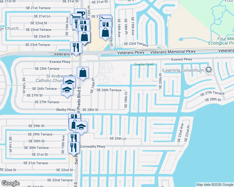 map of restaurants, bars, coffee shops, grocery stores, and more near 2624 Southeast 18th Place in Cape Coral