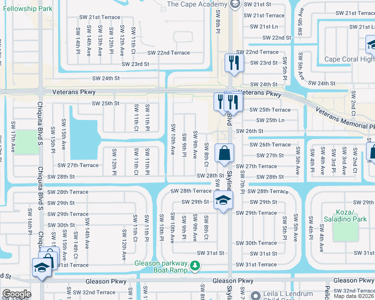 map of restaurants, bars, coffee shops, grocery stores, and more near 2625 Southwest 9th Place in Cape Coral