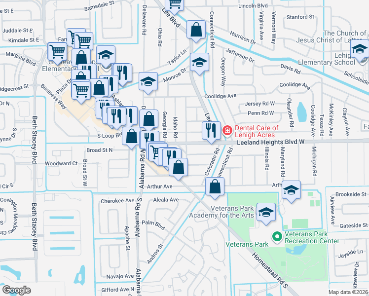 map of restaurants, bars, coffee shops, grocery stores, and more near 17 California Road in Lehigh Acres