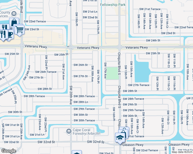 map of restaurants, bars, coffee shops, grocery stores, and more near 2628 Southwest 17th Place in Cape Coral