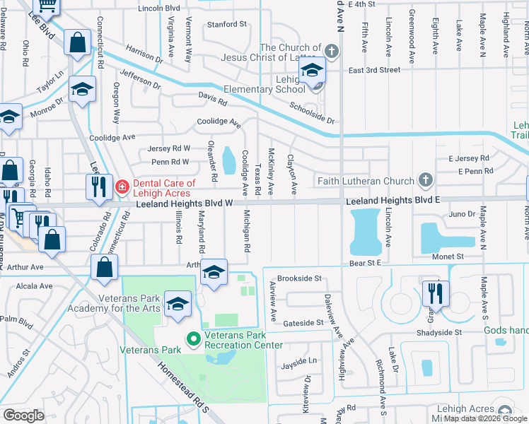 map of restaurants, bars, coffee shops, grocery stores, and more near 31 McKinley Avenue in Lehigh Acres