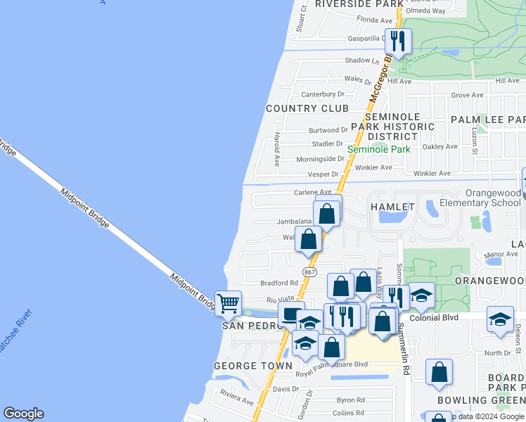 map of restaurants, bars, coffee shops, grocery stores, and more near 1226 Biltmore Drive in Fort Myers