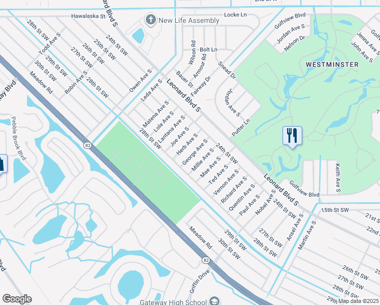 map of restaurants, bars, coffee shops, grocery stores, and more near 2423 George Avenue South in Lehigh Acres
