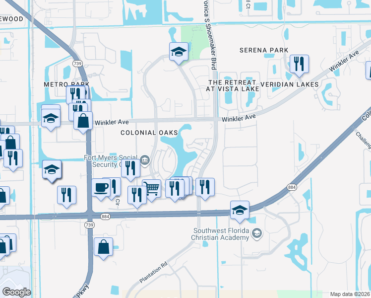 map of restaurants, bars, coffee shops, grocery stores, and more near 4206 Bellasol Circle in Fort Myers