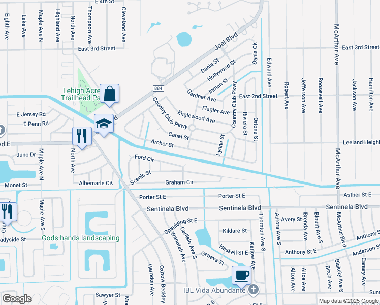 map of restaurants, bars, coffee shops, grocery stores, and more near 1430 Archer Street in Lehigh Acres