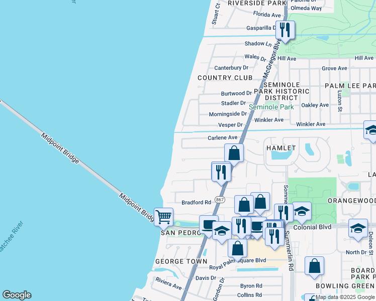 map of restaurants, bars, coffee shops, grocery stores, and more near 1226 Biltmore Drive in Fort Myers