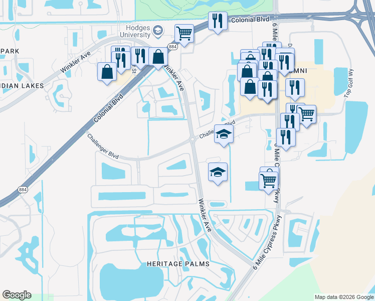 map of restaurants, bars, coffee shops, grocery stores, and more near 4546 Mystic Blue Way in Fort Myers