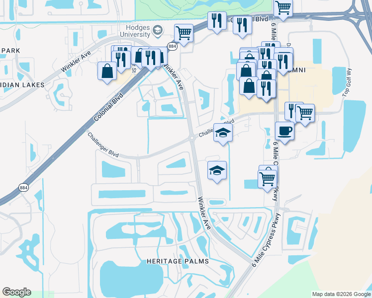 map of restaurants, bars, coffee shops, grocery stores, and more near 4546 Mystic Blue Way in Fort Myers