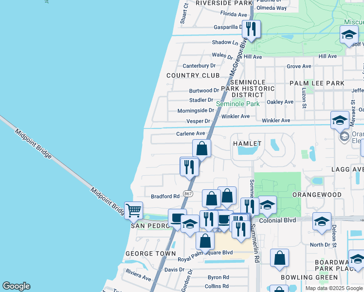 map of restaurants, bars, coffee shops, grocery stores, and more near 1260 Biltmore Drive in Fort Myers