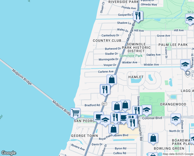 map of restaurants, bars, coffee shops, grocery stores, and more near 1260 Biltmore Drive in Fort Myers