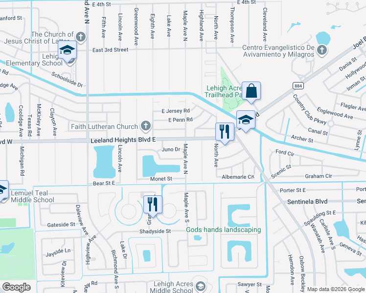 map of restaurants, bars, coffee shops, grocery stores, and more near 907 Juno Drive in Lehigh Acres