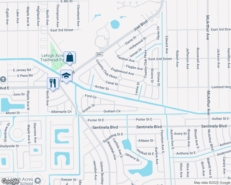 map of restaurants, bars, coffee shops, grocery stores, and more near 1432 Archer Street in Lehigh Acres