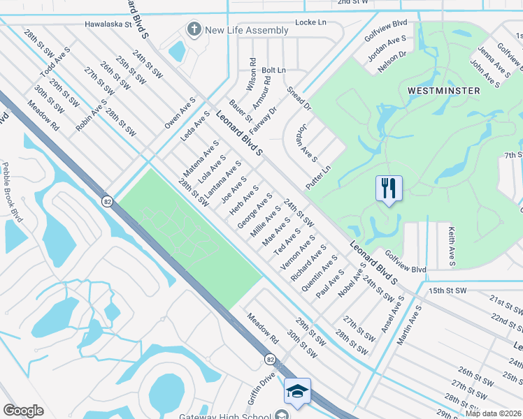 map of restaurants, bars, coffee shops, grocery stores, and more near 2423 George Avenue South in Lehigh Acres
