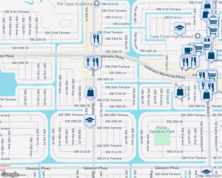 map of restaurants, bars, coffee shops, grocery stores, and more near 622 Southwest 26th Terrace in Cape Coral