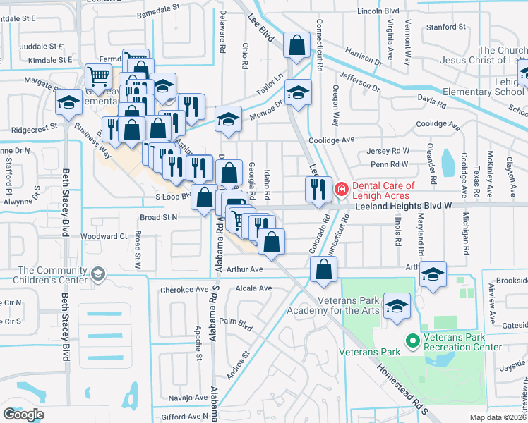 map of restaurants, bars, coffee shops, grocery stores, and more near 900 Leeland Heights Boulevard West in Lehigh Acres