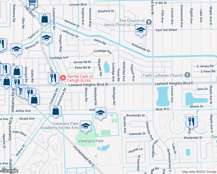map of restaurants, bars, coffee shops, grocery stores, and more near 104 Leeland Heights Boulevard East in Lehigh Acres