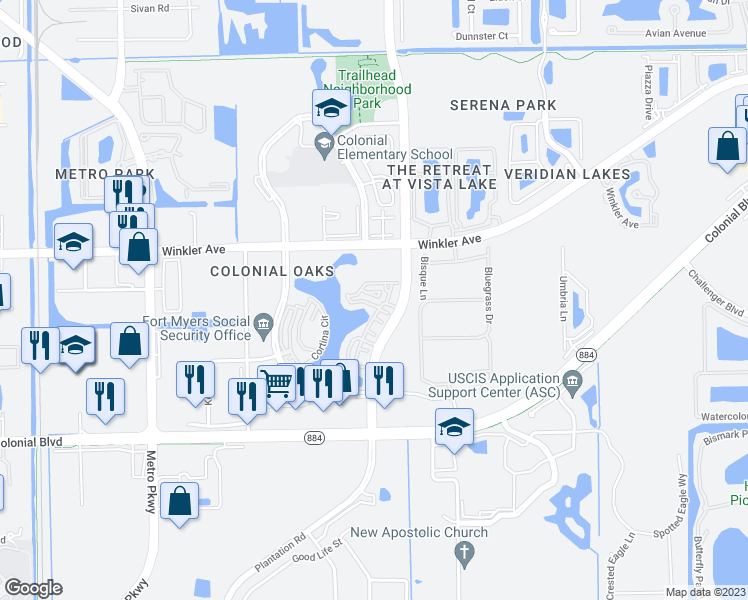 map of restaurants, bars, coffee shops, grocery stores, and more near 4225 Bellasol Circle in Fort Myers