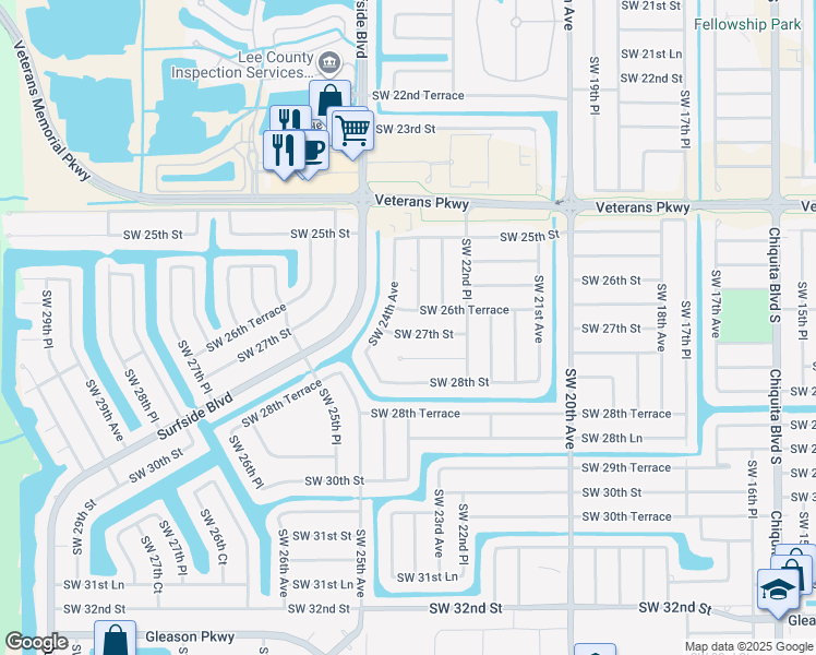 map of restaurants, bars, coffee shops, grocery stores, and more near 2321 Southwest 27th Street in Cape Coral
