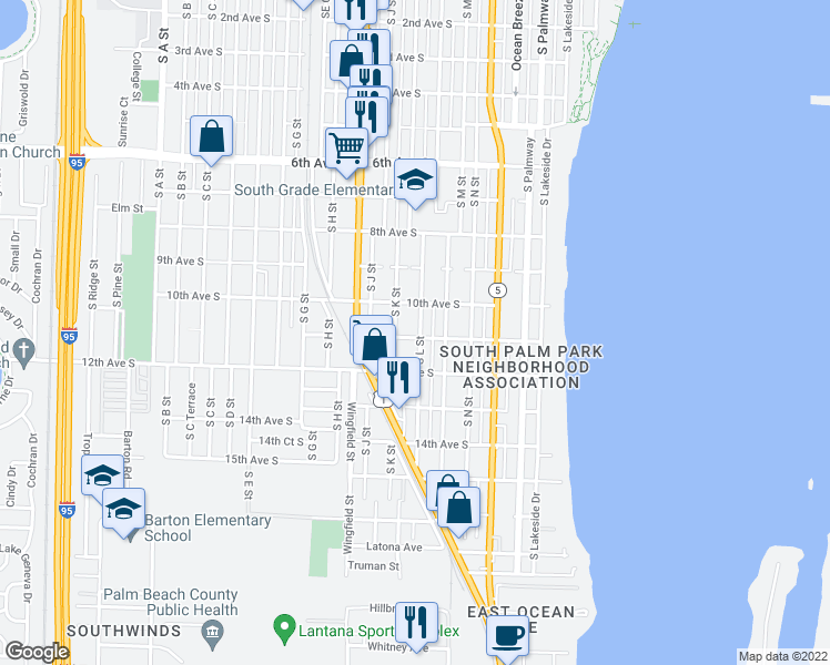 map of restaurants, bars, coffee shops, grocery stores, and more near 1104 South L Street in Lake Worth