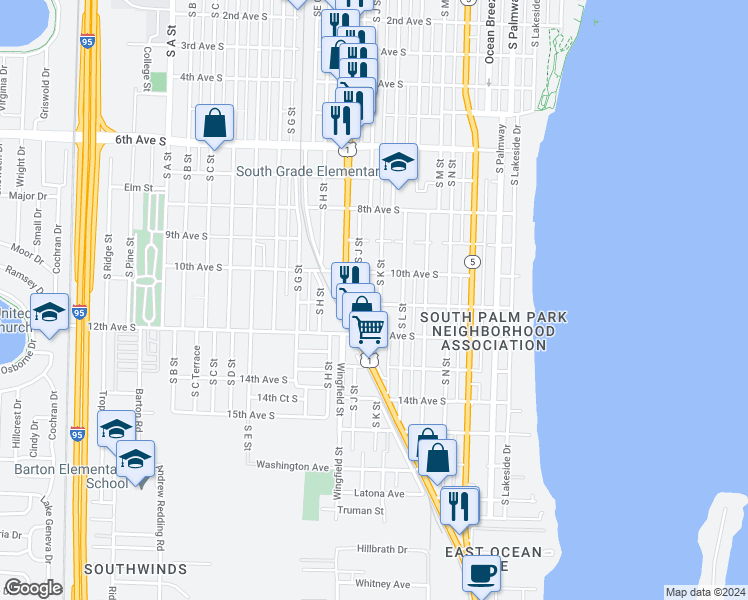 map of restaurants, bars, coffee shops, grocery stores, and more near 1 11th Avenue South in Lake Worth