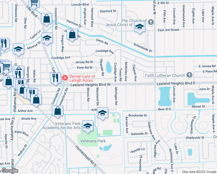 map of restaurants, bars, coffee shops, grocery stores, and more near 104 Leeland Heights Boulevard East in Lehigh Acres
