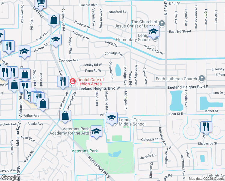 map of restaurants, bars, coffee shops, grocery stores, and more near 202 Leeland Heights Boulevard West in Lehigh Acres