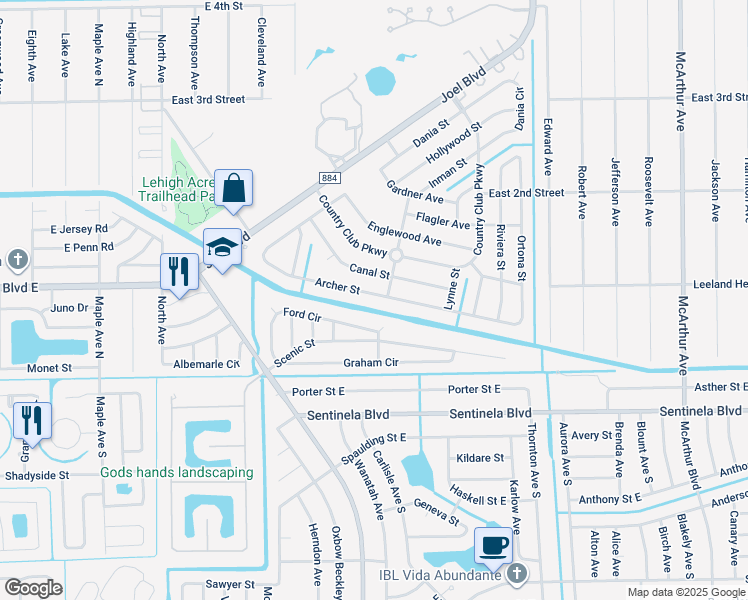 map of restaurants, bars, coffee shops, grocery stores, and more near 1430 Archer Street in Lehigh Acres
