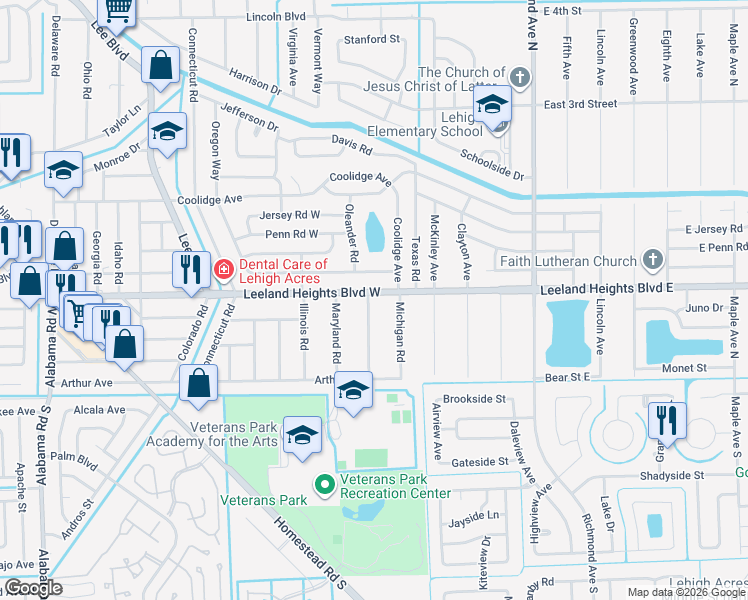 map of restaurants, bars, coffee shops, grocery stores, and more near 104 Leeland Heights Boulevard East in Lehigh Acres