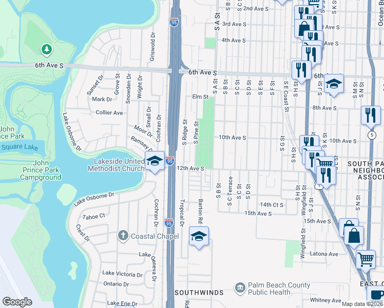 map of restaurants, bars, coffee shops, grocery stores, and more near 1125 South Pine Street in Lake Worth