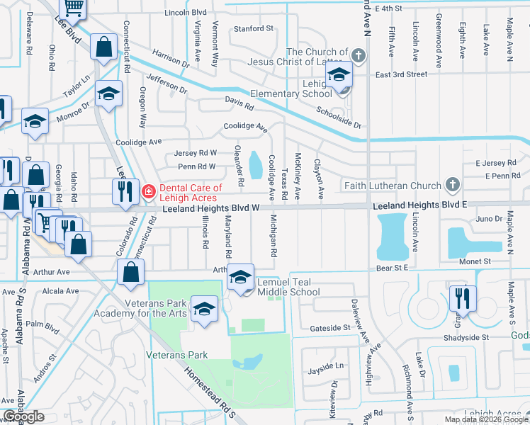 map of restaurants, bars, coffee shops, grocery stores, and more near 104 Leeland Heights Boulevard East in Lehigh Acres