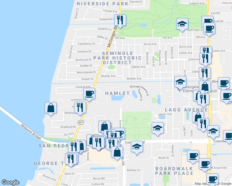 map of restaurants, bars, coffee shops, grocery stores, and more near 1709 Whittling Court in Fort Myers