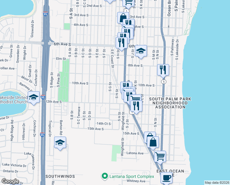 map of restaurants, bars, coffee shops, grocery stores, and more near 1102 South G Street in Lake Worth