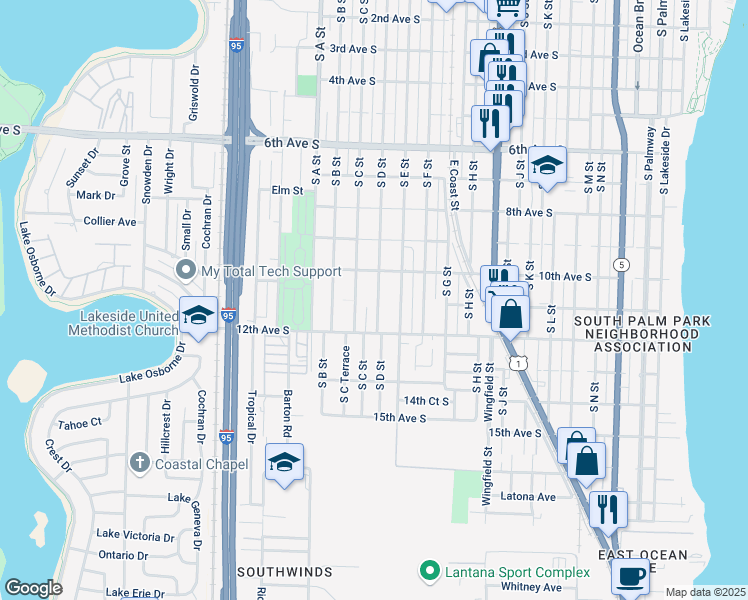map of restaurants, bars, coffee shops, grocery stores, and more near 1106 South D Street in Lake Worth