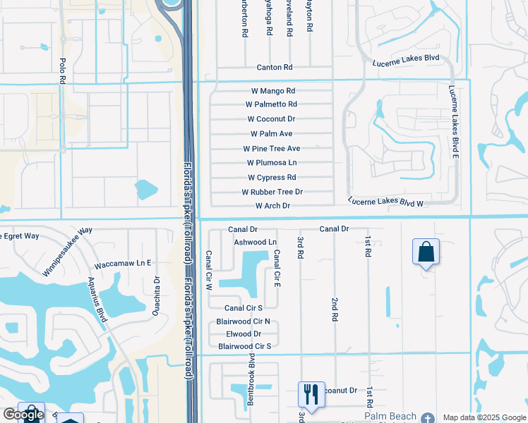 map of restaurants, bars, coffee shops, grocery stores, and more near 79 West Arch Drive in Lake Worth