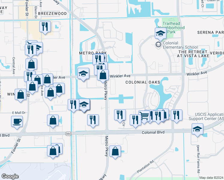 map of restaurants, bars, coffee shops, grocery stores, and more near 4111 Castilla Circle in Fort Myers