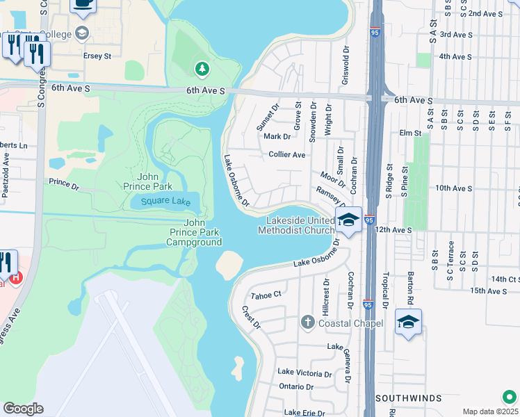 map of restaurants, bars, coffee shops, grocery stores, and more near 3120 Lake Osborne Drive in Lake Worth