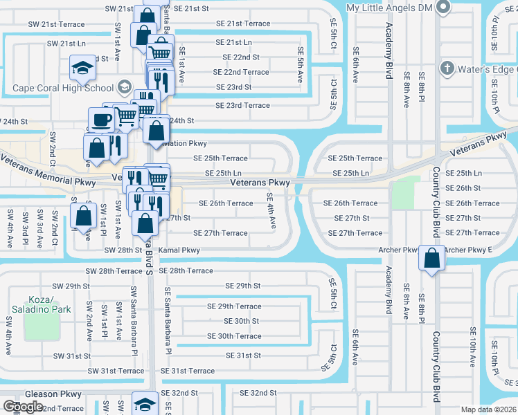 map of restaurants, bars, coffee shops, grocery stores, and more near 323 Southeast 27th Street in Cape Coral