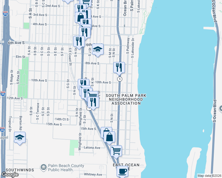 map of restaurants, bars, coffee shops, grocery stores, and more near 1029 South N Street in Lake Worth
