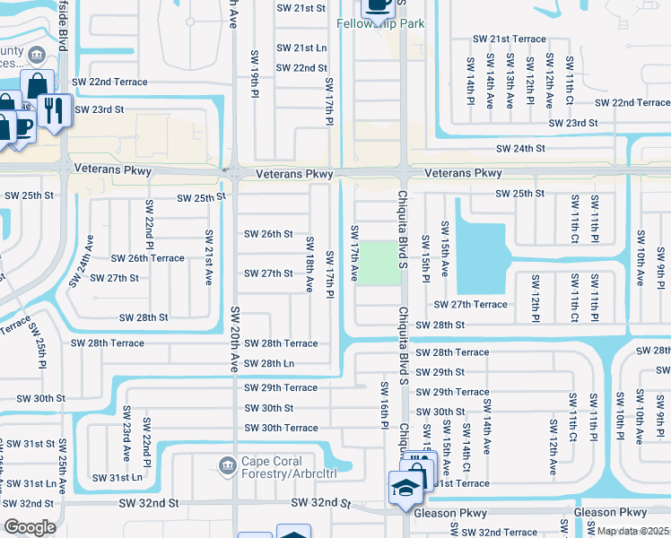 map of restaurants, bars, coffee shops, grocery stores, and more near 2628 Southwest 17th Place in Cape Coral