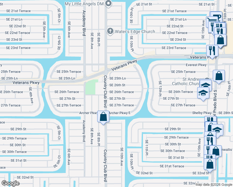 map of restaurants, bars, coffee shops, grocery stores, and more near 913 Southeast 27th Street in Cape Coral