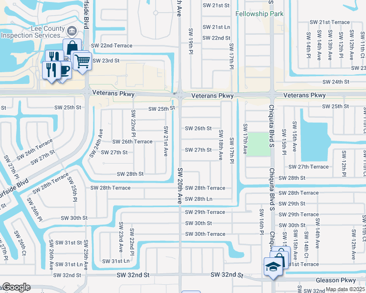 map of restaurants, bars, coffee shops, grocery stores, and more near 1923 Southwest 27th Street in Cape Coral