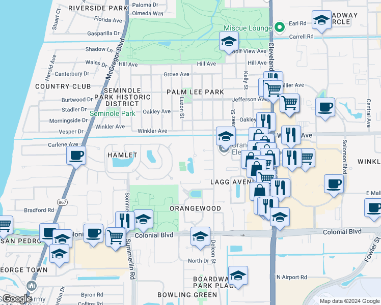 map of restaurants, bars, coffee shops, grocery stores, and more near 4074 Princeton Street in Fort Myers