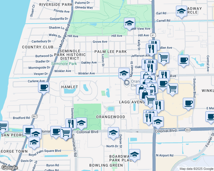 map of restaurants, bars, coffee shops, grocery stores, and more near 4074-4078 Princeton Street in Fort Myers