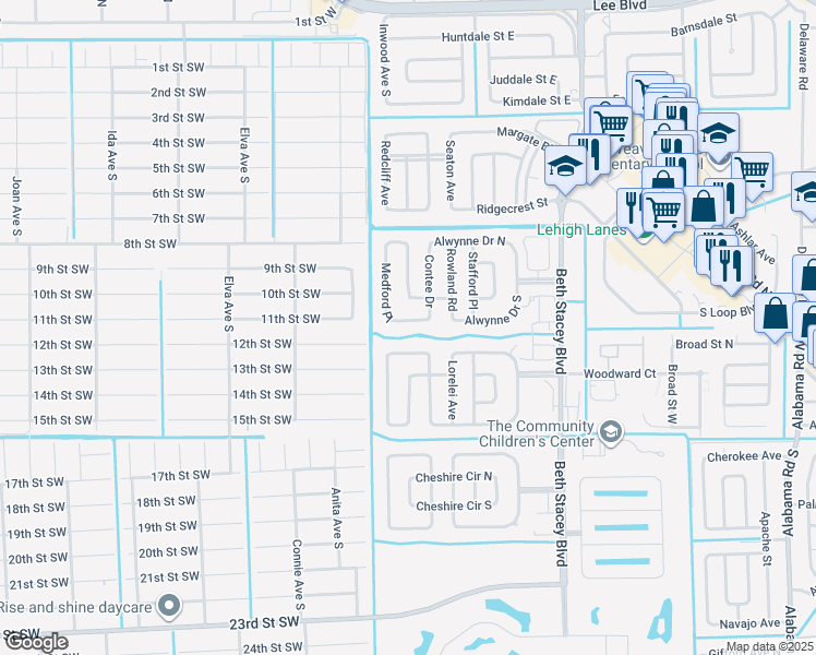 map of restaurants, bars, coffee shops, grocery stores, and more near 1535 Crestwood Circle North in Lehigh Acres