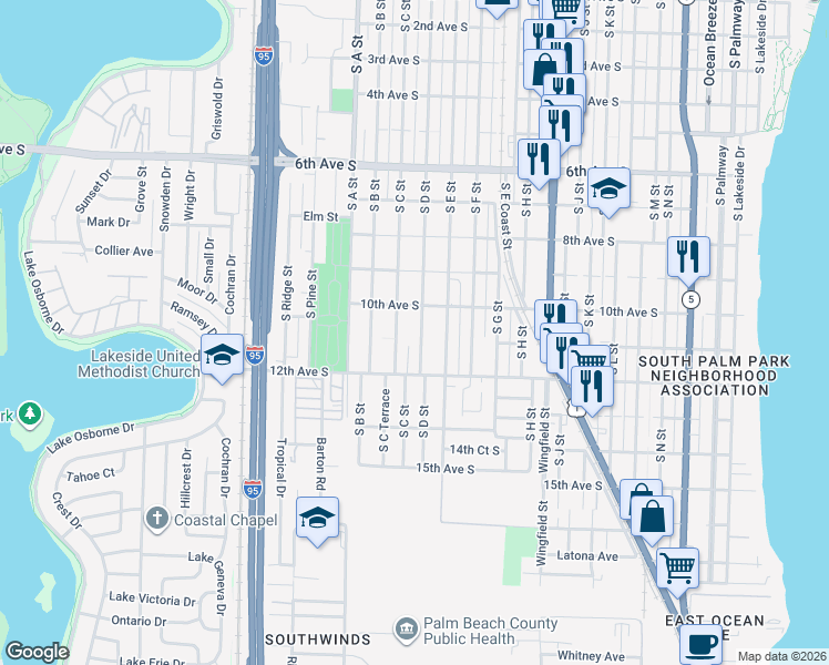 map of restaurants, bars, coffee shops, grocery stores, and more near 1025 South D Street in Lake Worth
