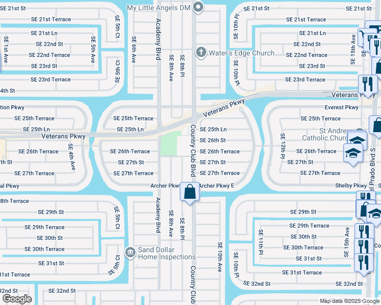 map of restaurants, bars, coffee shops, grocery stores, and more near 2620 Country Club Boulevard in Cape Coral