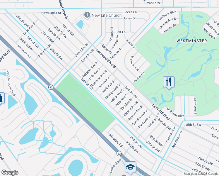 map of restaurants, bars, coffee shops, grocery stores, and more near 2423 George Avenue South in Lehigh Acres
