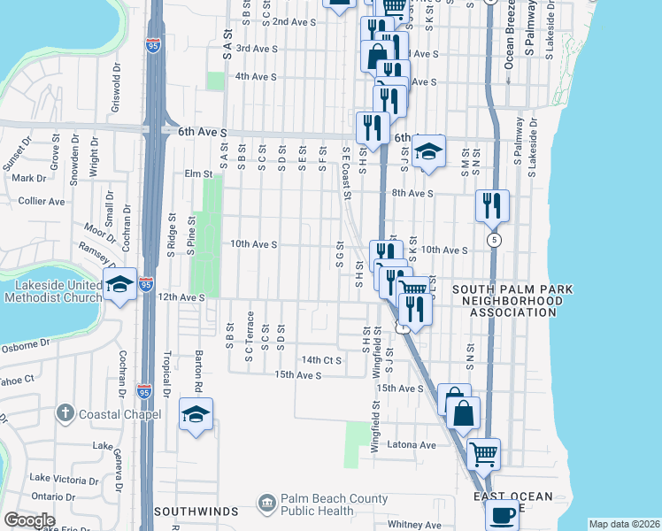 map of restaurants, bars, coffee shops, grocery stores, and more near 1102 South G Street in Lake Worth