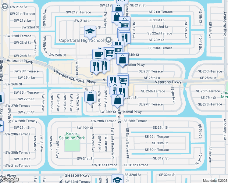 map of restaurants, bars, coffee shops, grocery stores, and more near 2709 Southwest Santa Barbara Place in Cape Coral